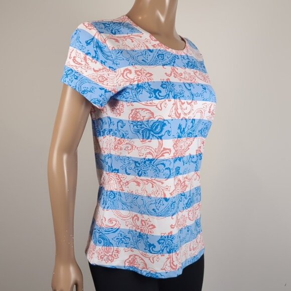 J. McLaughlin Tshirt Paisley Striped Short Sleeve Coral Summer Resortwear Top - Picture 5 of 9